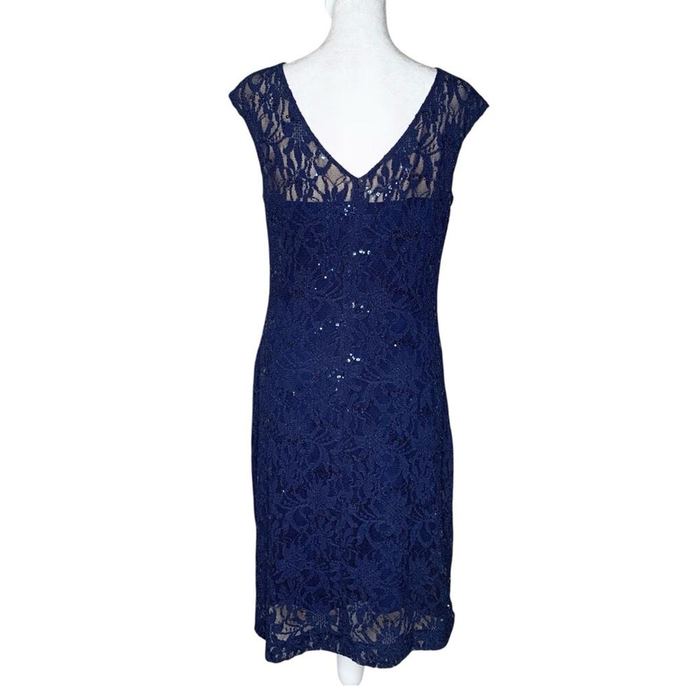 Ralph Lauren LRL Lace Dress 8 Navy Blue Sequin Boat Neck Ruched Cocktail Wedding - Picture 5 of 13